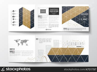 Vector set of tri-fold brochures, square design templates with element of world map. Polygonal backdrop, connecting dots and lines, golden background, connection structure. Digital or science vector