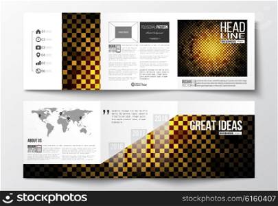 Vector set of tri-fold brochures, square design templates with element of world map. Abstract polygonal background, modern stylish sguare design golden vector texture.