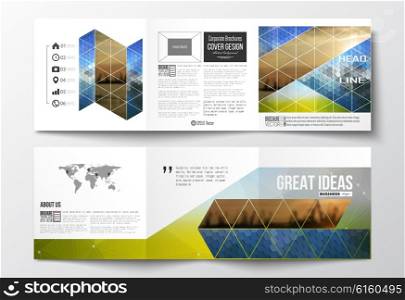 Vector set of tri-fold brochures, square design templates with element of world map. Abstract colorful polygonal background with blurred image on it, modern stylish triangular and hexagonal vector texture.