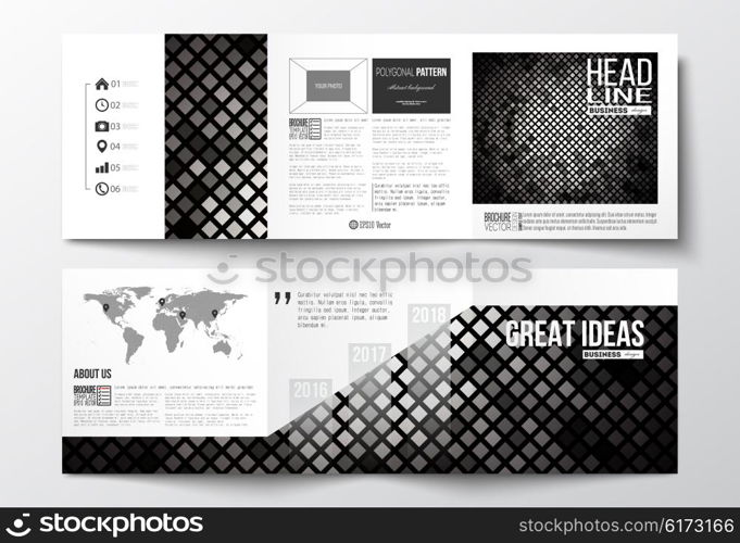 Vector set of tri-fold brochures, square design templates with element of world map. Abstract polygonal background, modern stylish sguare design silver vector texture