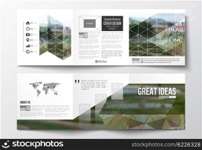 Vector set of tri-fold brochures, square design templates with element of world map. Polygonal background, blurred image, park landscape, modern stylish vector texture.