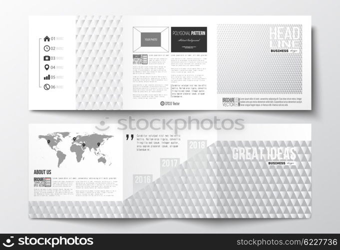 Vector set of tri-fold brochures, square design templates with element of world map. Abstract colorful polygonal background, modern stylish triangle vector texture.