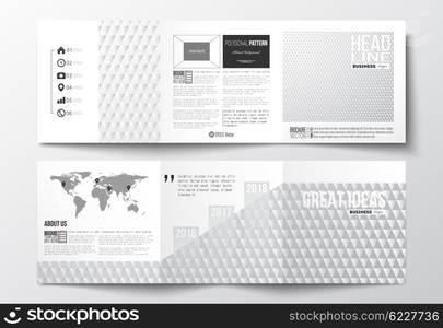 Vector set of tri-fold brochures, square design templates with element of world map. Abstract colorful polygonal background, modern stylish triangle vector texture.