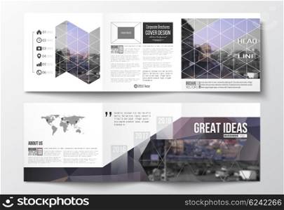 Vector set of tri-fold brochures, square design templates with element of world map. Polygonal background, blurred image, urban landscape, modern stylish triangular vector texture