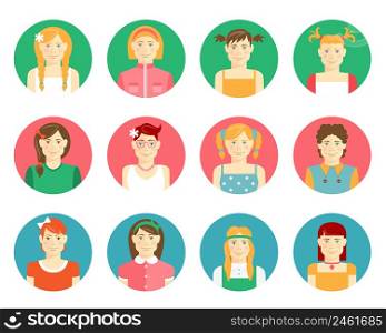 Vector set of twelve smiling girls and young women avatars in flat style with diverse faces clothing hairstyles and hair colors on round web buttons for identification on the internet