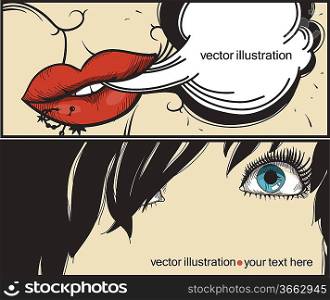 vector set of two cards with parts of a face in vintage style