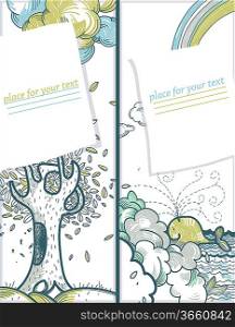 vector set of two hand drawn cards with a tree, a green whale and colorful clouds