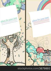 vector set of two hand drawn cards with bright nature and cartoon animals