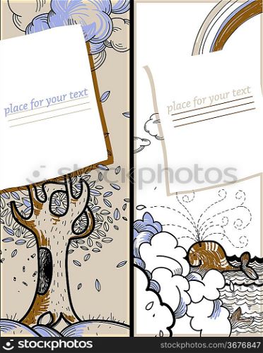 vector set of two hand drawn cards with cartoon animals and clouds