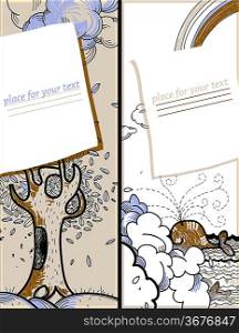 vector set of two hand drawn cards with cartoon animals and clouds