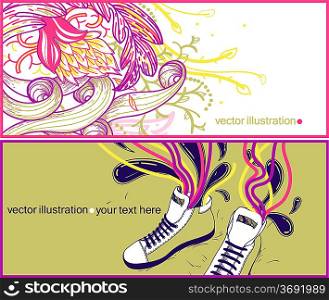 vector set of two hand drawn cards with fantasy colorful plants and trendy sneakers with bright waves
