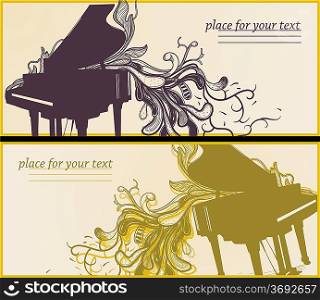vector set of two music cards with a grand piano and fantasy hand drawn plants