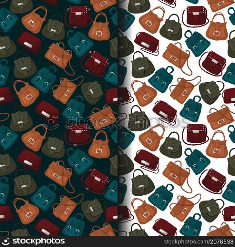 Vector set of two seamless patterns with women's bags.