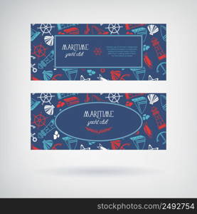 Vector set of two yacht club banners with the name of club and many maritime objects with images of anchor, seaweed, stones and flags in the square and oval frame on the blue background vector illustration. Vector Set Of Two Yacht Club Banners