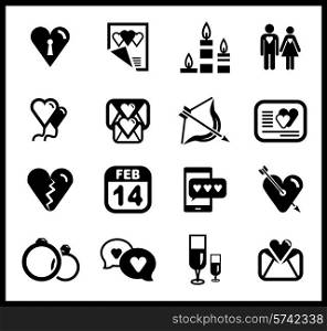 Vector set of valentine&#39;s day and love icons. Isolated on black