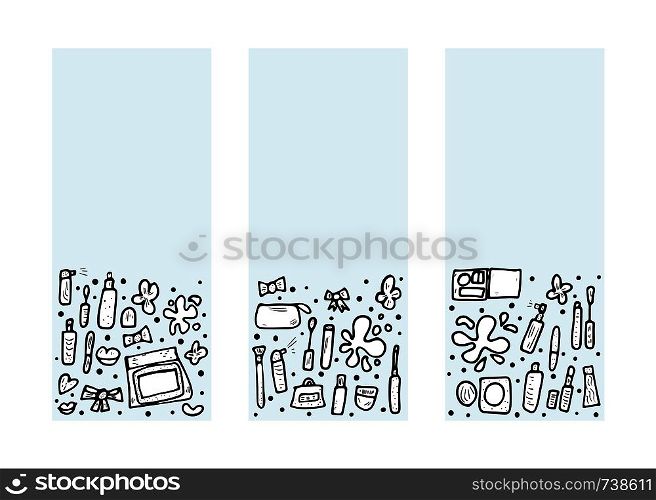 Vector set of vertical banner of beauty items. Set of doodle style cosmetic tools. Makeup collection of backgrounds for social media.