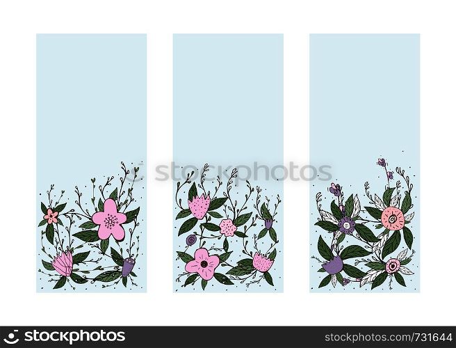 Vector set of vertical banners template with field flowers and leaves set. Doodle style backgrounds with space for text for social media stories.