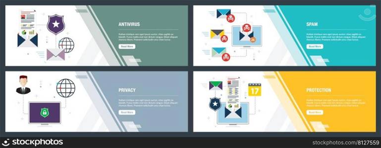 Vector set of vertical web banners with antivirus for protection,  blocking spam, protect of privacy, virus and phishing. Vector banner template for website and mobile app development with icon set.