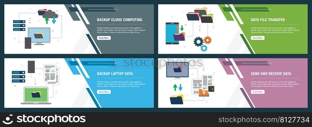 Vector set of vertical web banners with backup cloud computing, backup laptop data, send and receive data.Vector banner template for website and mobile app development with icon set.