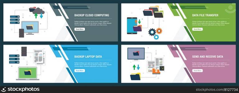 Vector set of vertical web banners with backup cloud computing, backup laptop data, send and receive data.Vector banner template for website and mobile app development with icon set.