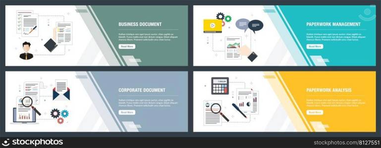 Vector set of vertical web banners with business document, paperwork management, corporate document, paperwork analysis. Vector banner template for website and mobile app development with icon set.