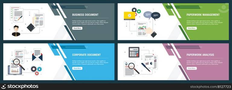 Vector set of vertical web banners with business document, paperwork management, corporate document, paperwork analysis. Vector banner template for website and mobile app development with icon set.