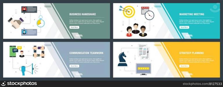 Vector set of vertical web banners with business handshake, marketing meeting, communication teamwork and strategy. Vector banner template for website and mobile app development with icon set.