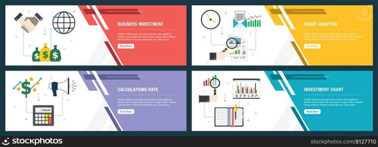 Vector set of vertical web banners with business investment, chart analysis, calculations rate and investment chart. Vector banner template for website and mobile app development with icon set. Flat design for web banner in vector illustration.