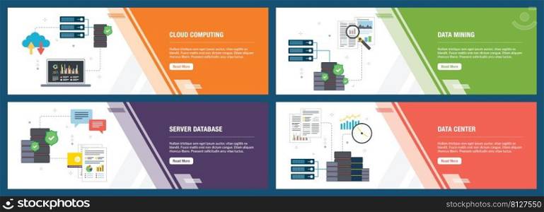 Vector set of vertical web banners with cloud computing, data mining, server database and data center. Vector banner template for website and mobile app development with icon set.