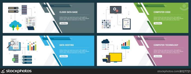 Vector set of vertical web banners with cloud data base, computer code, data hosting and computer technology. Vector banner template for website and mobile app development with icon set.