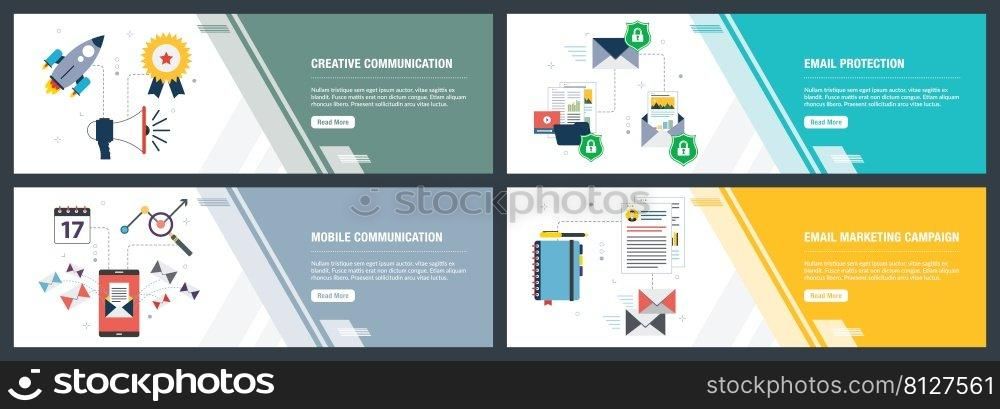 Vector set of vertical web banners with communication, email protection, mobile communication and email marketing.Vector banner template for website and mobile app development with icon set.