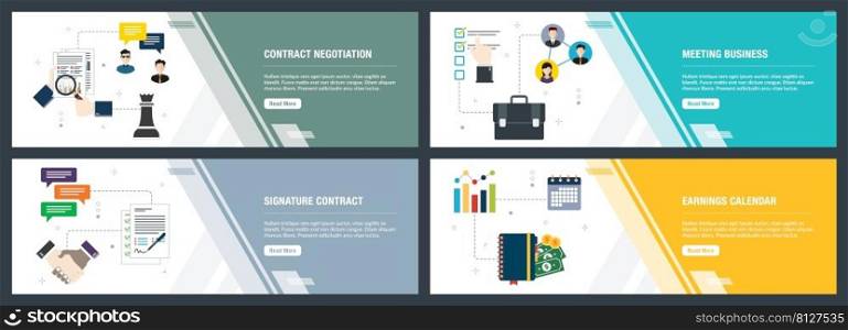 Vector set of vertical web banners with contract negotitation, meeting business,  signature contract, earnings calendar. Vector banner template for website and mobile app development with icon set.