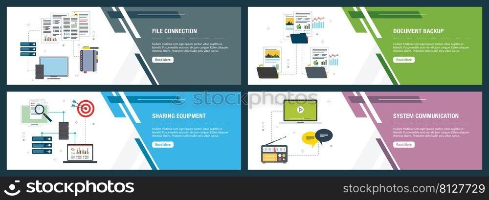 Vector set of vertical web banners with file connection, document backup, sharing equipment and system communication. Vector banner template for website and mobile app development with icon set.