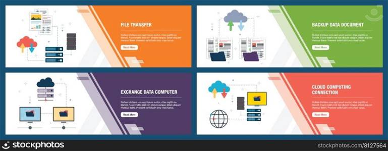 Vector set of vertical web banners with file transfer, backup data document, exchange data computer and cloud computing.Vector banner template for website and mobile app development with icon set.