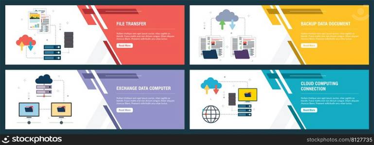 Vector set of vertical web banners with file transfer, backup data document, exchange data computer and cloud computing.Vector banner template for website and mobile app development with icon set.