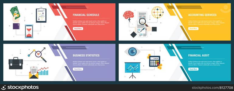 Vector set of vertical web banners with financial schedule, accounting services, business statistics, financial audit. Vector banner template for website and mobile app development with icon set.