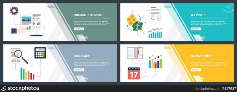 Vector set of vertical web banners with financial statistics, tax profit, loss chart and tax investment. Vector banner template for website and mobile app development with icon set.