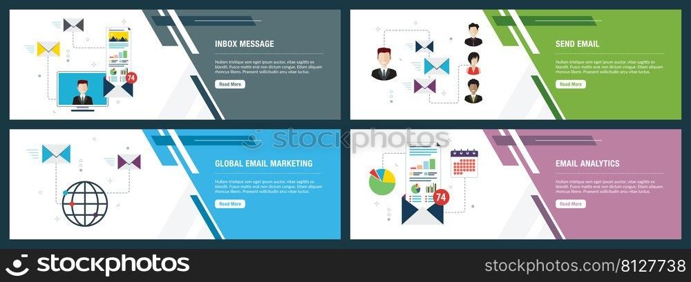Vector set of vertical web banners with inbox message, send email, global email marketing and email analytics. Vector banner template for website and mobile app development with icon set.