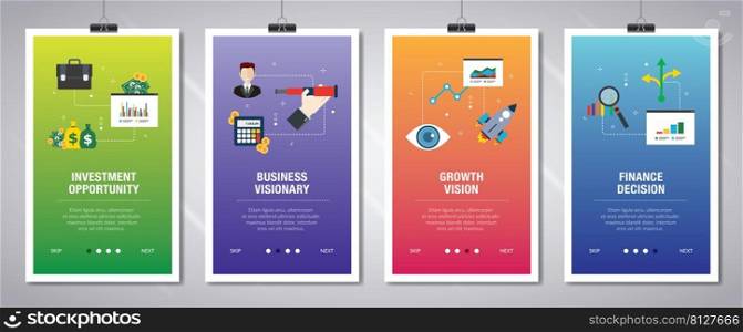 Vector set of vertical web banners with investment opportunity, business visionary, growth vision  and finance decision. Vector banner template for website and mobile app development with icon set.