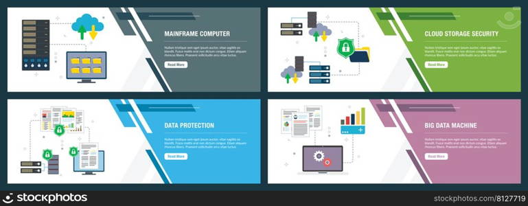 Vector set of vertical web banners with mainframe computer, cloud storage security,  data protection, big data machine. Vector banner template for website and mobile app development with icon set.