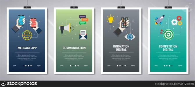 Vector set of vertical web banners with message app, communication, innovation digital, competition digital. Vector banner template for website and mobile app development with icon set.
