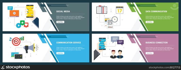 Vector set of vertical web banners with social media, data communication, communication service, business connection. Vector banner template for website and mobile app development with icon set.