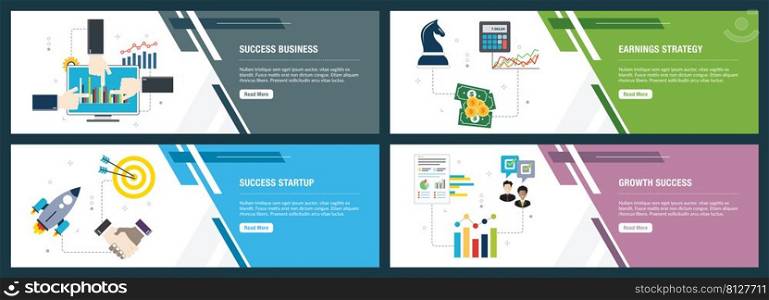 Vector set of vertical web banners with success business, earnings strategy, success startup and growth success. Vector banner template for website and mobile app development with icon set.