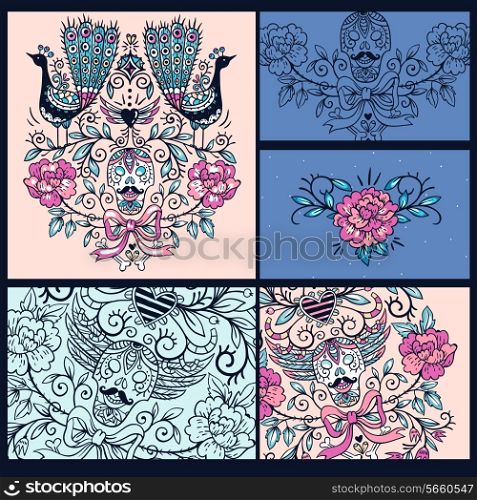vector set of vintage cards with skulls,peacocks and roses