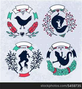 vector set of vintage floral frames with abstract animal silhouettes