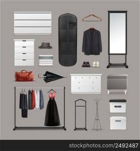 Vector set of wardrobe stuff hangers, boxes, mirror, pouf, racks and stands, different clothes, bag, shoes and umbrella front view isolated on background. Set of wardrobe stuff