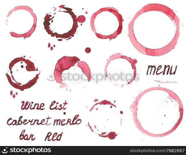 Vector set of watercolor painted wine stains on white background