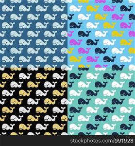 vector set of whale seamless patterns. simple drawing of happy colorful whales with sea waves
