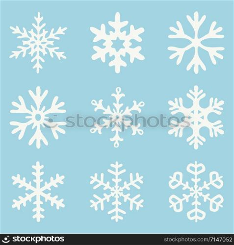 vector set of white snowflakes isolated on blue background. abstract snowflake drawing collection for christmas and winter illustrations