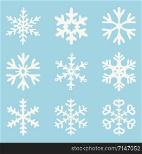 vector set of white snowflakes isolated on blue background. abstract snowflake drawing collection for christmas and winter illustrations